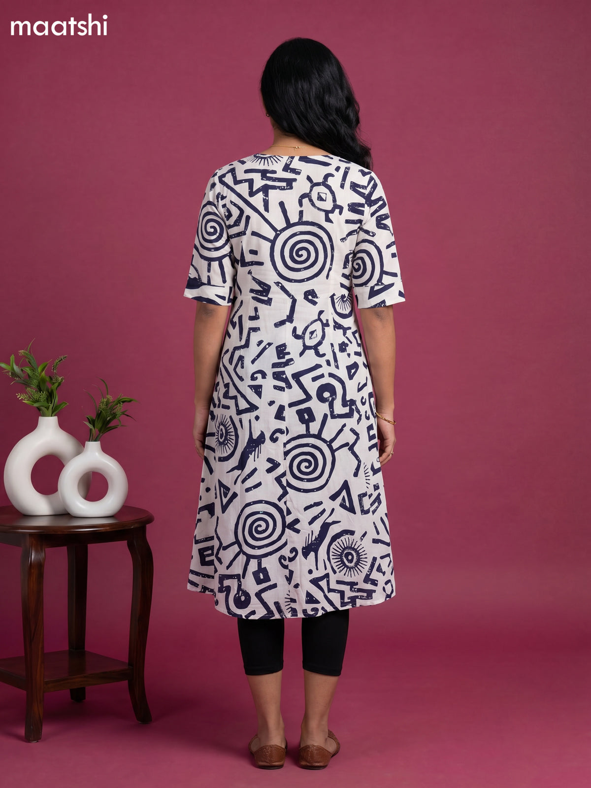Off White and Blue Cotton Printed Anarkali Kurti