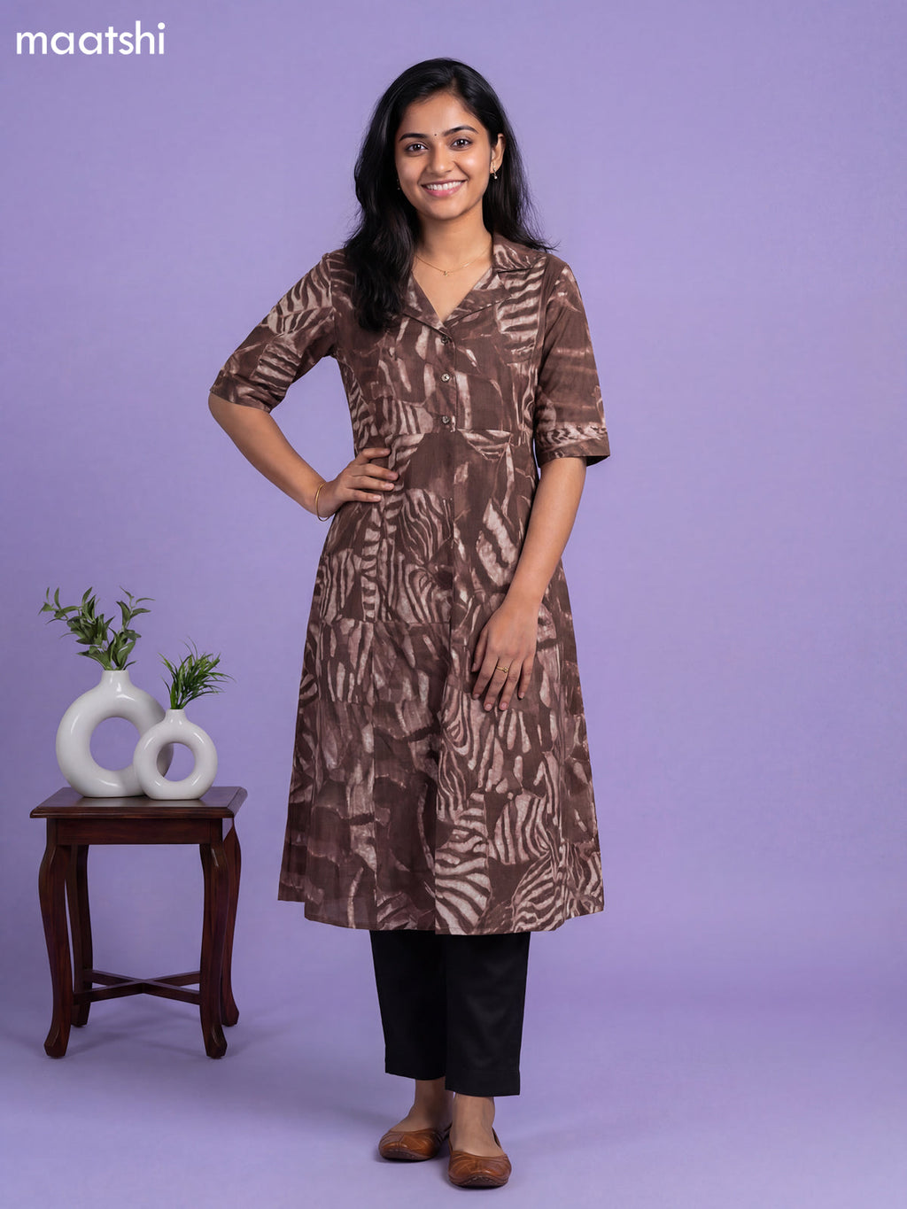 Brown Cotton Printed Anarkali Kurti