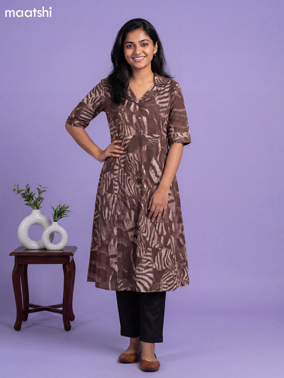 Brown Cotton Printed Anarkali Kurti