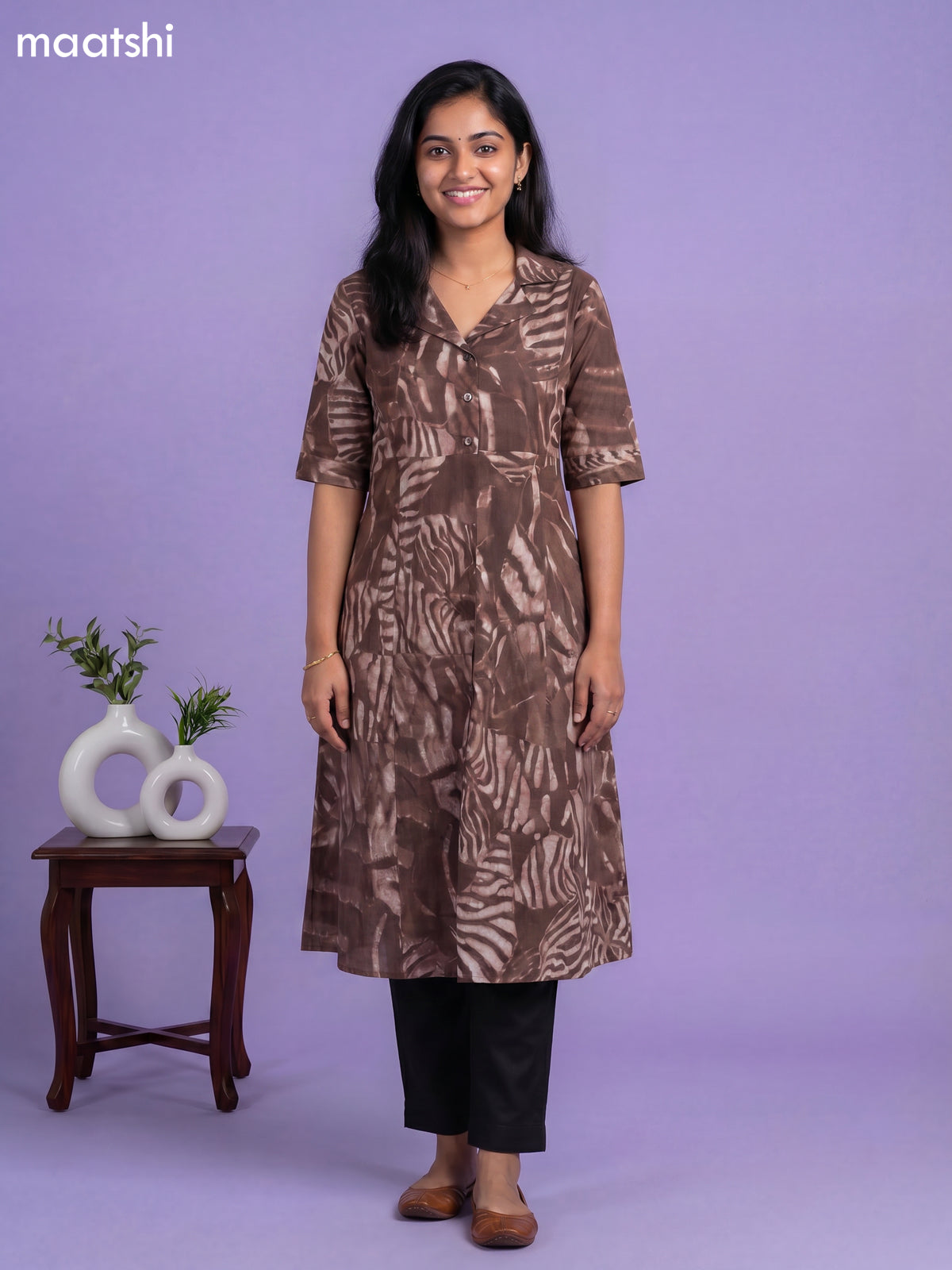 Brown Cotton Printed Anarkali Kurti