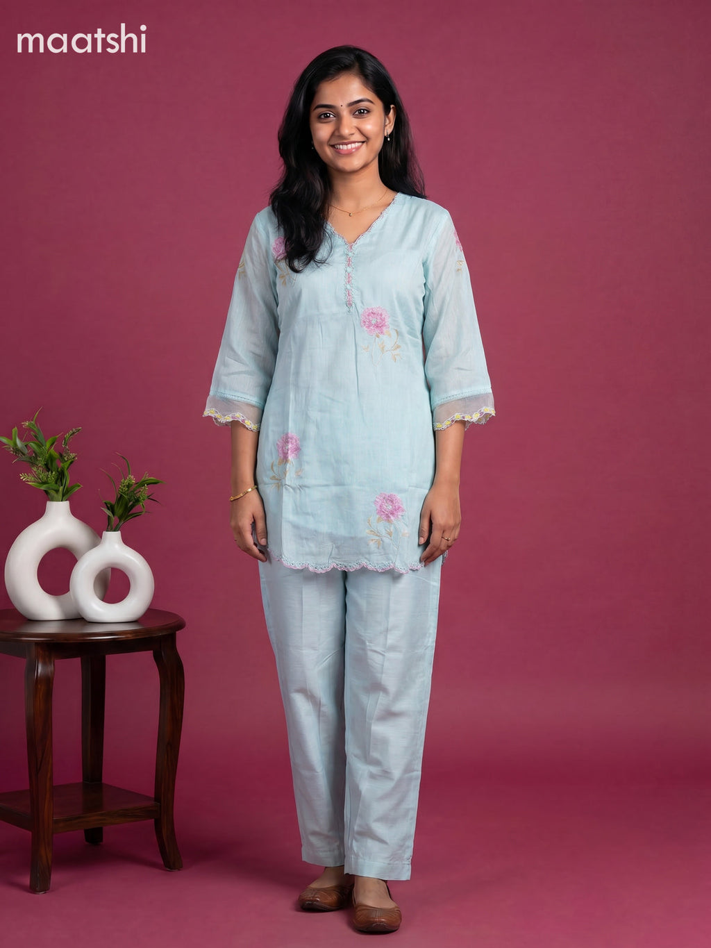 Pastel Blue and Baby Pink Art Silk Embroidery Work Short Co-Ord Set