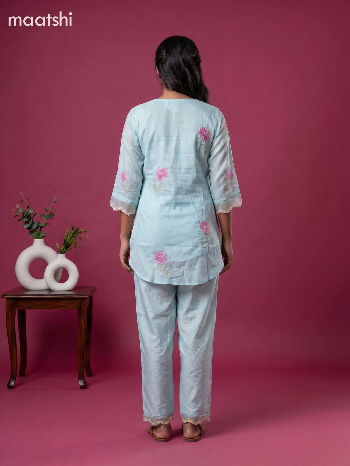 Pastel Blue and Baby Pink Art Silk Embroidery Work Short Co-Ord Set