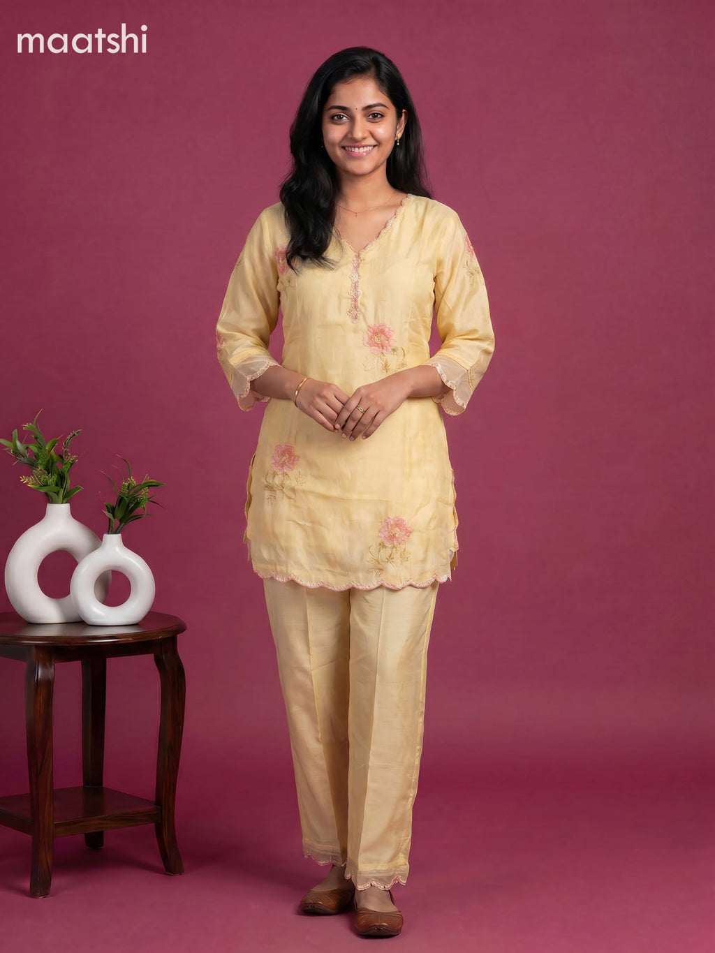 Yellow and Baby Pink Art Silk Embroidery Work Short Co-Ord Set