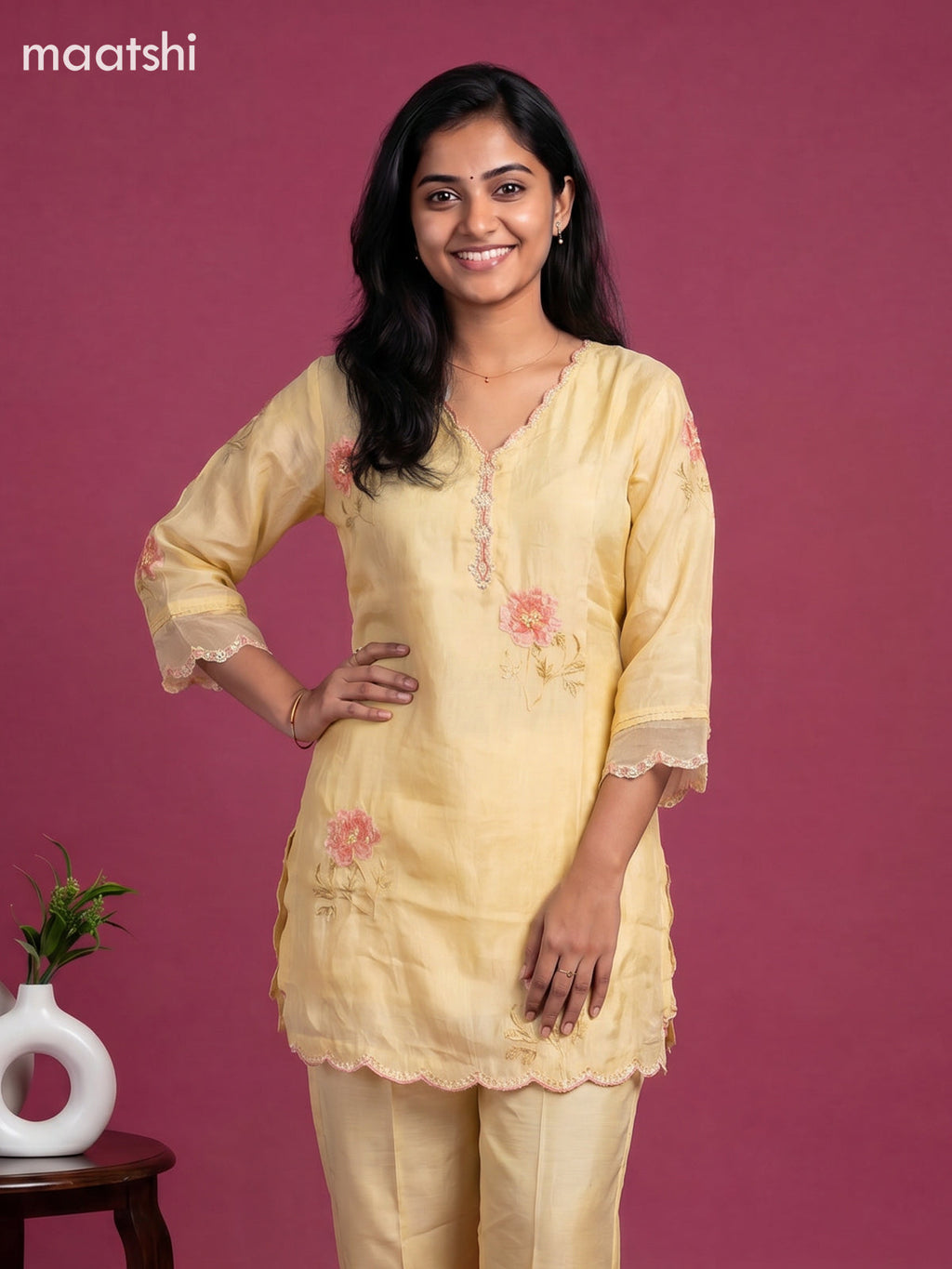 Yellow and Baby Pink Art Silk Embroidery Work Short Co-Ord Set
