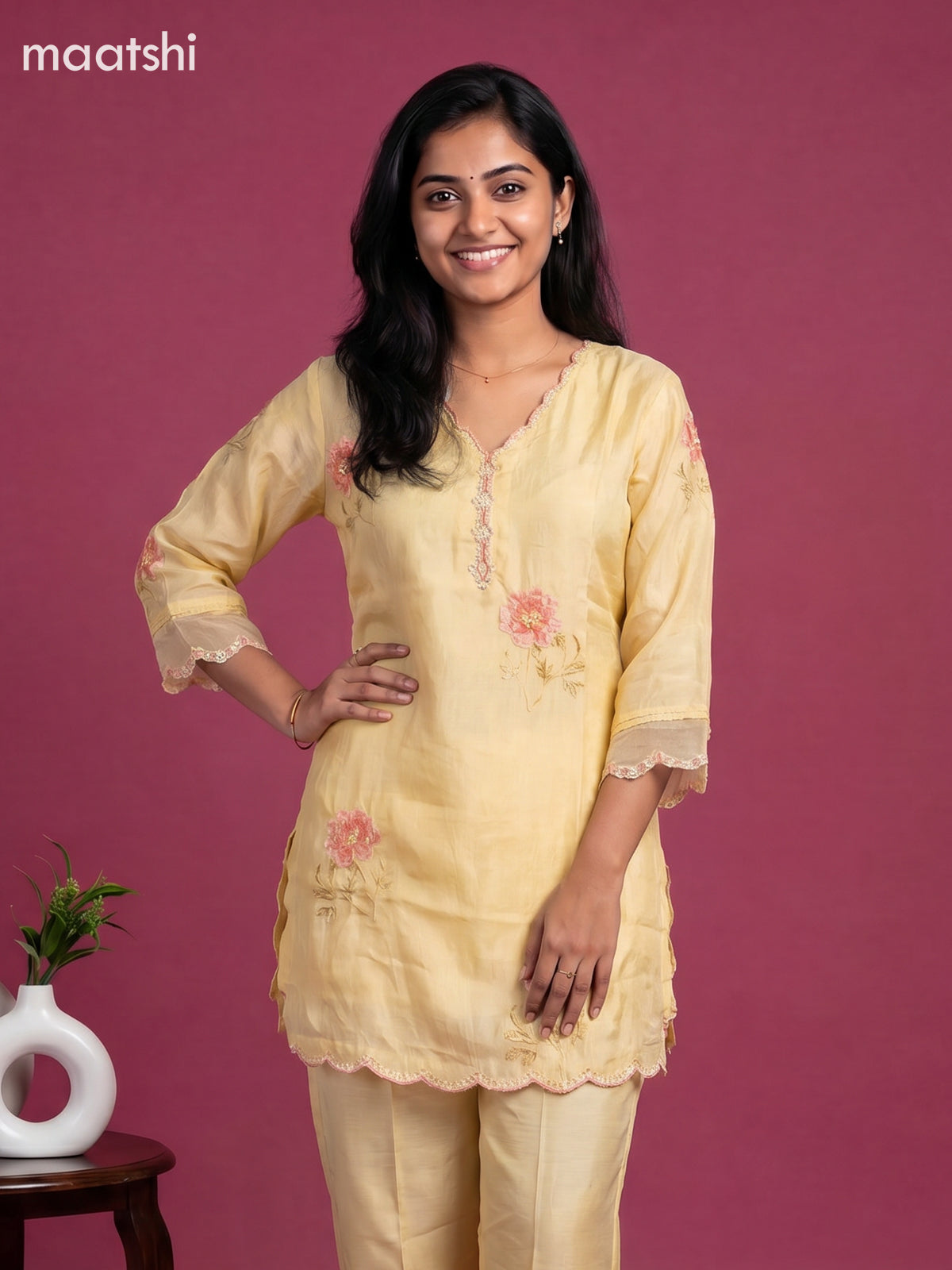 Yellow and Baby Pink Art Silk Embroidery Work Short Co-Ord Set