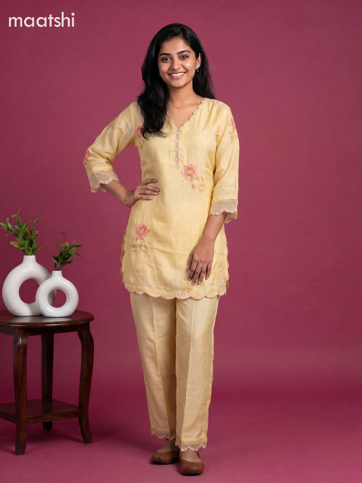 Yellow and Baby Pink Art Silk Embroidery Work Short Co-Ord Set
