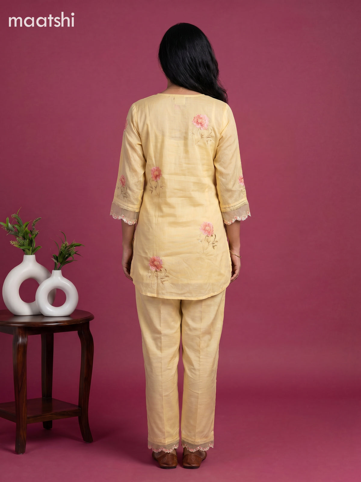 Yellow and Baby Pink Art Silk Embroidery Work Short Co-Ord Set