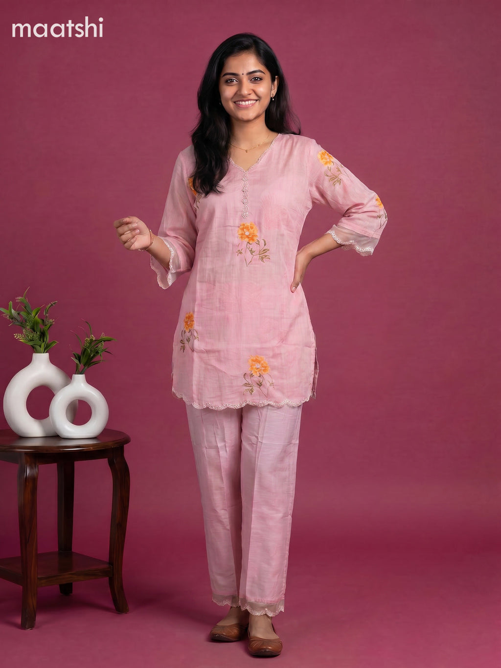 Peach Pink Art Silk Embroidery Work Short Co-Ord Set