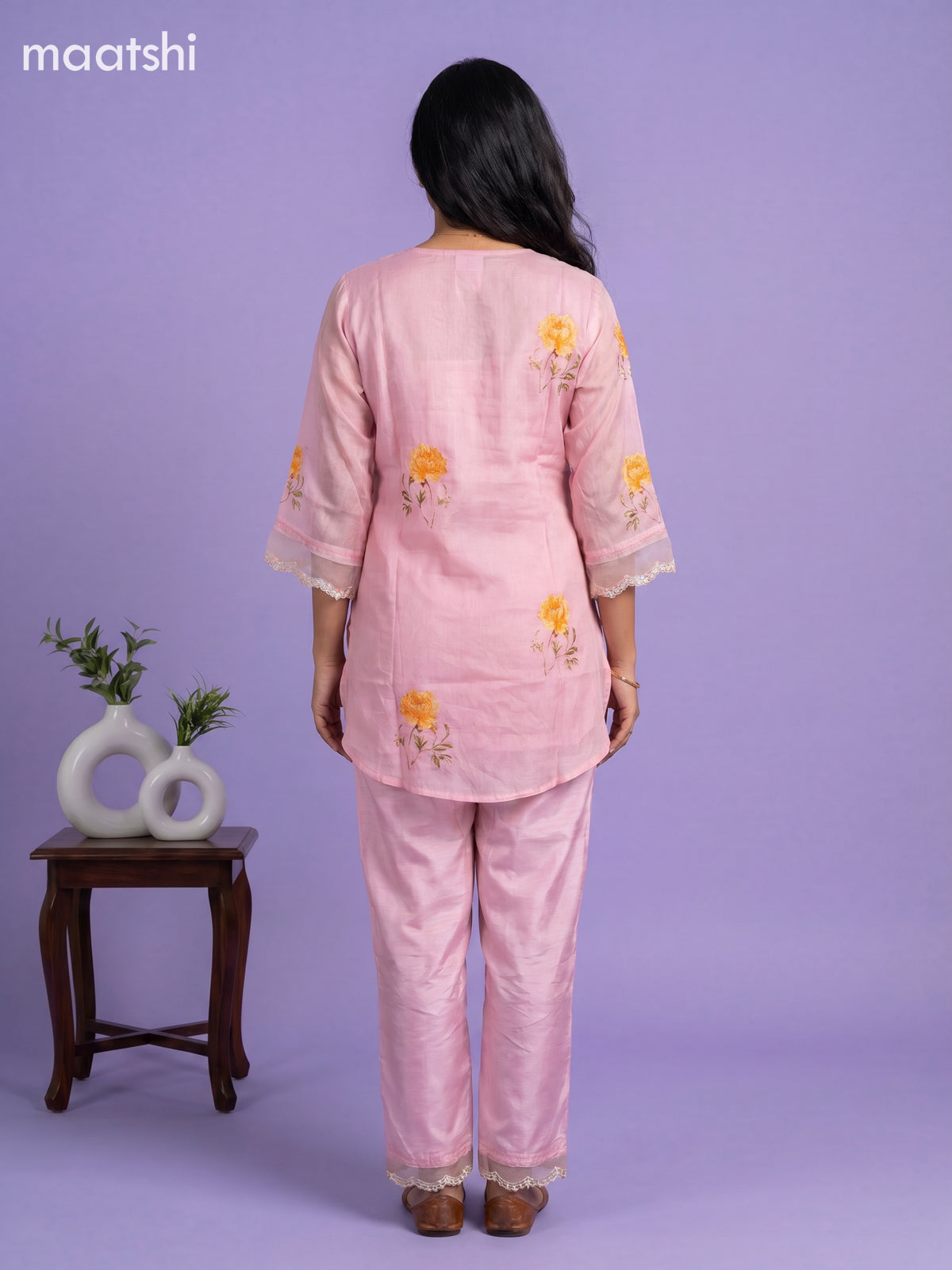 Peach Pink Art Silk Embroidery Work Short Co-Ord Set