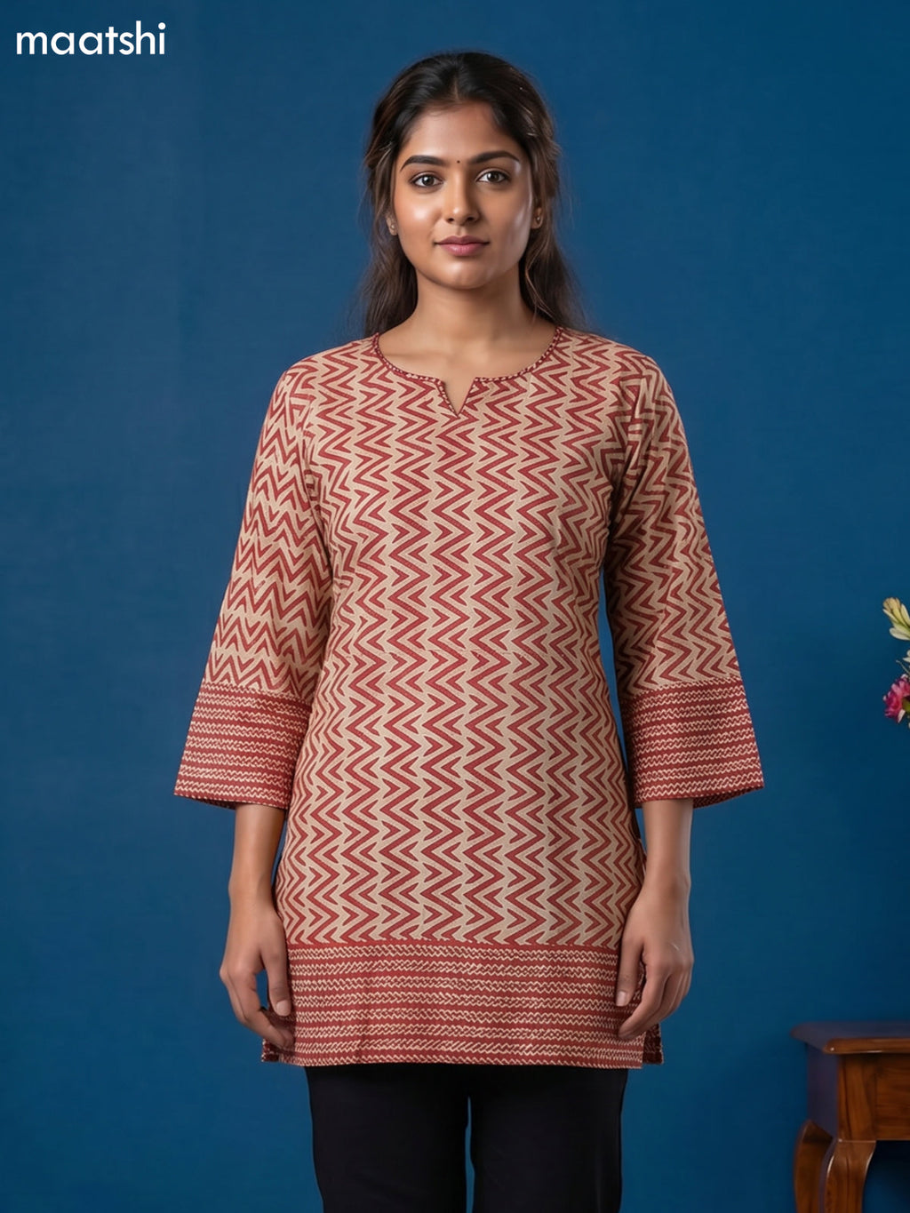 Beige and Maroon Cotton Printed Short Kurti