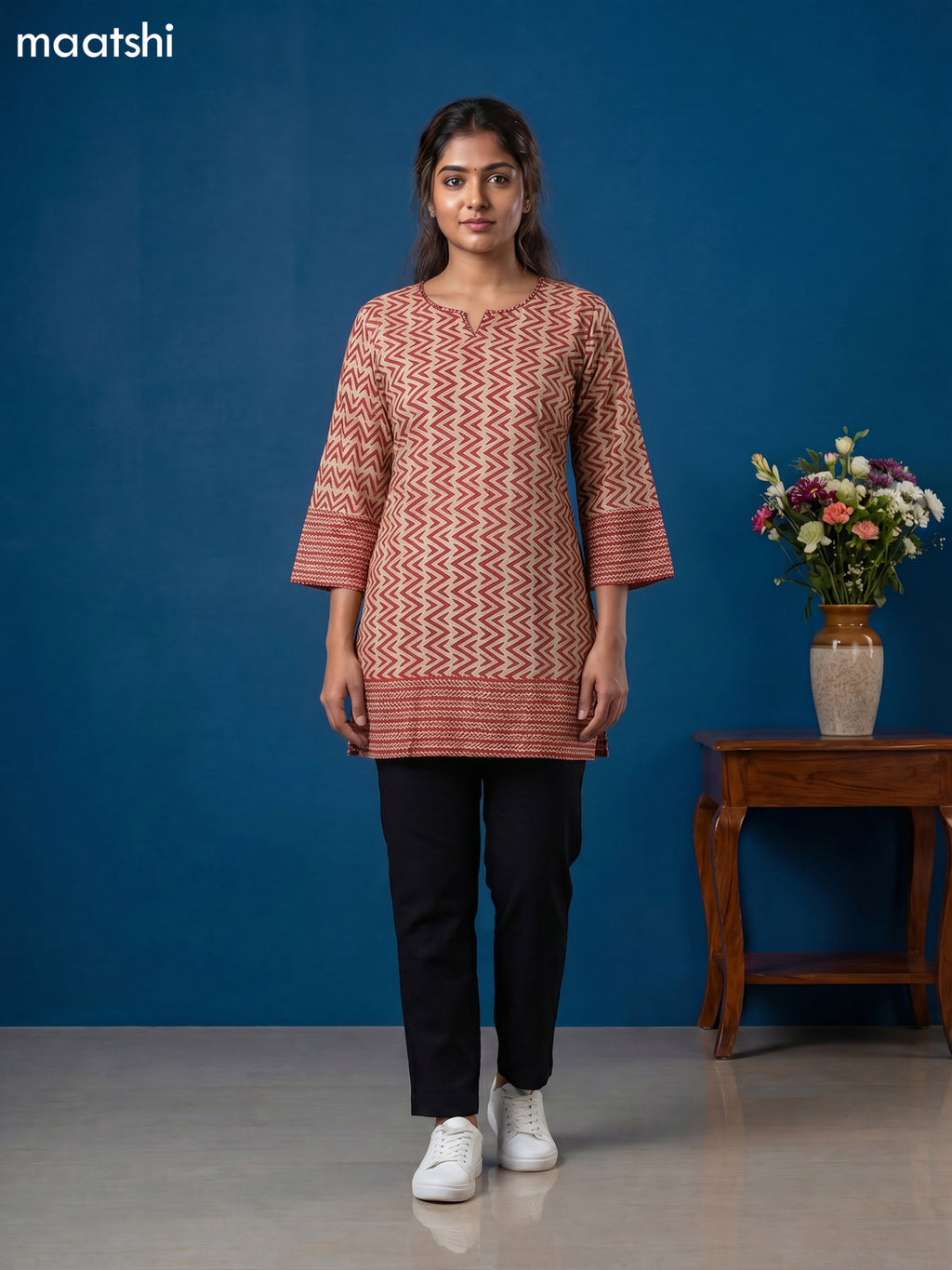 Beige and Maroon Cotton Printed Short Kurti