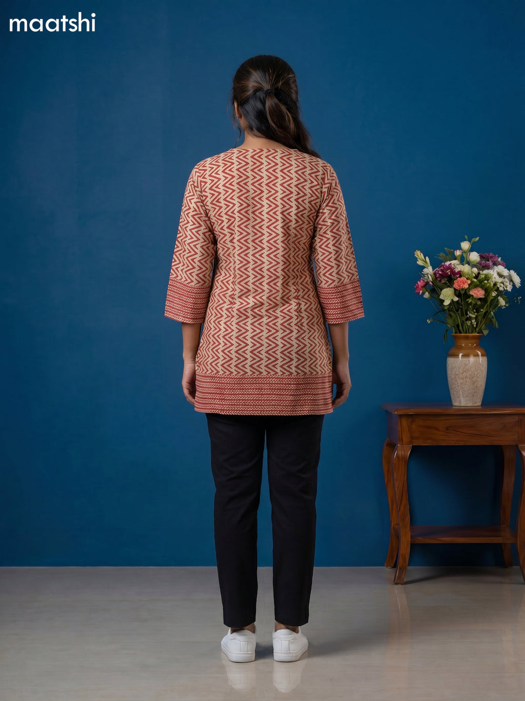 Beige and Maroon Cotton Printed Short Kurti
