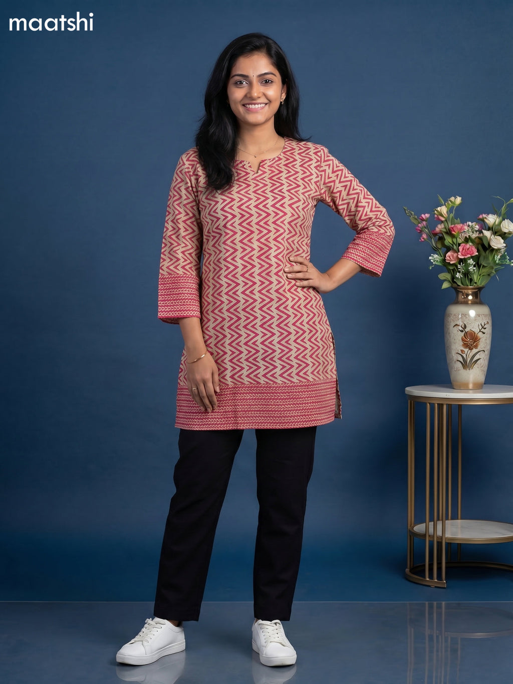 Beige and Pink Cotton Printed Short Kurti