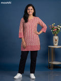 Beige and Pink Cotton Printed Short Kurti