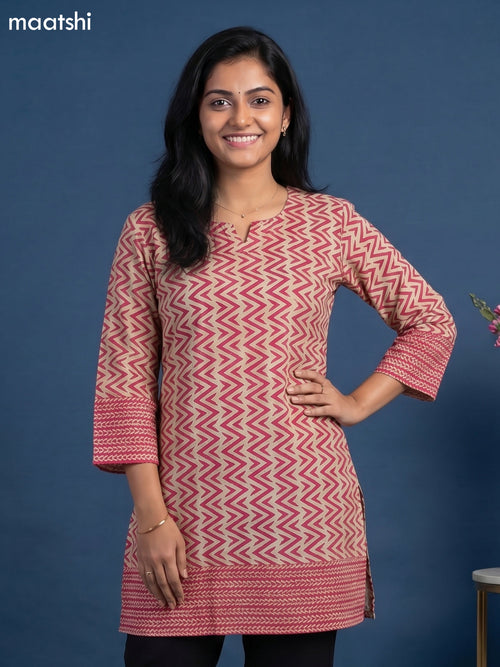 Beige and Pink Cotton Printed Short Kurti