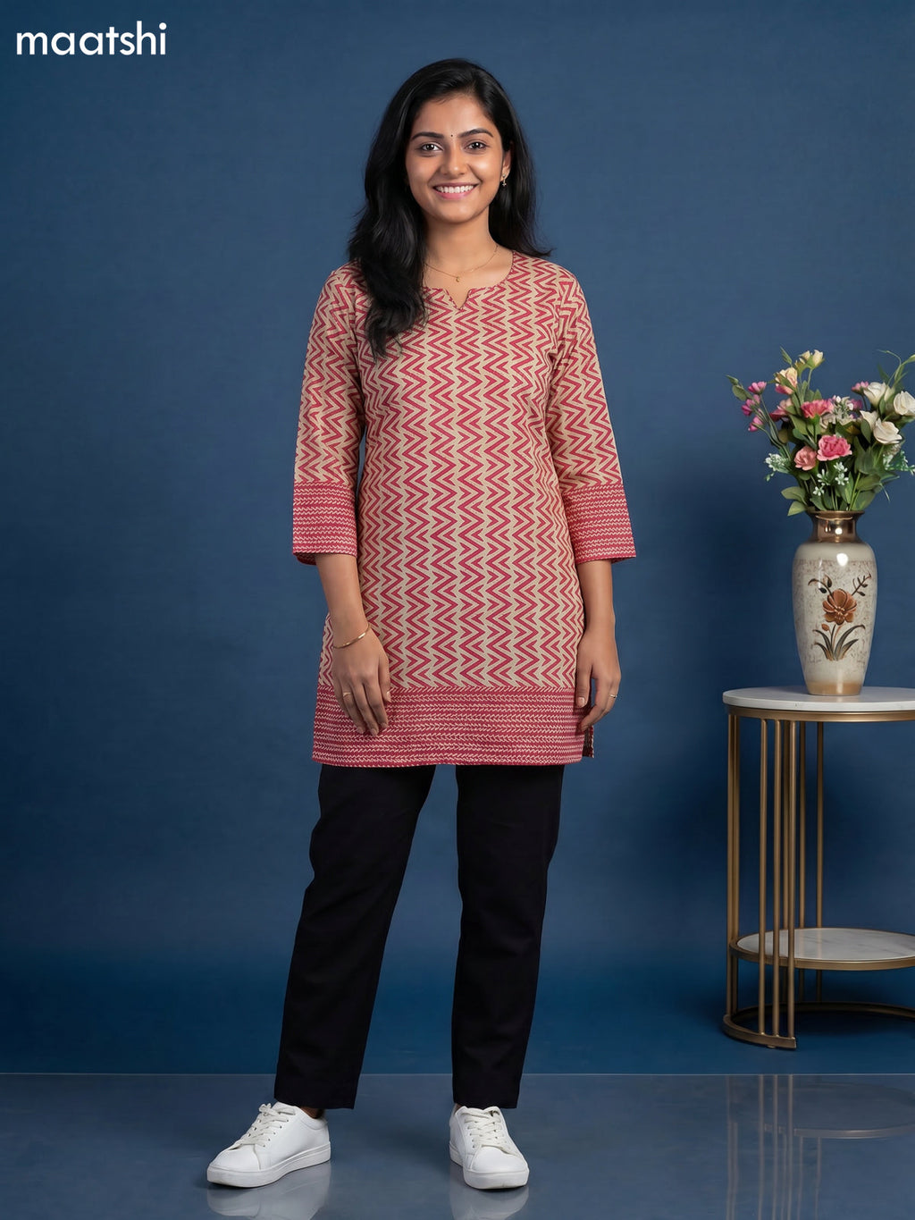 Beige and Pink Cotton Printed Short Kurti