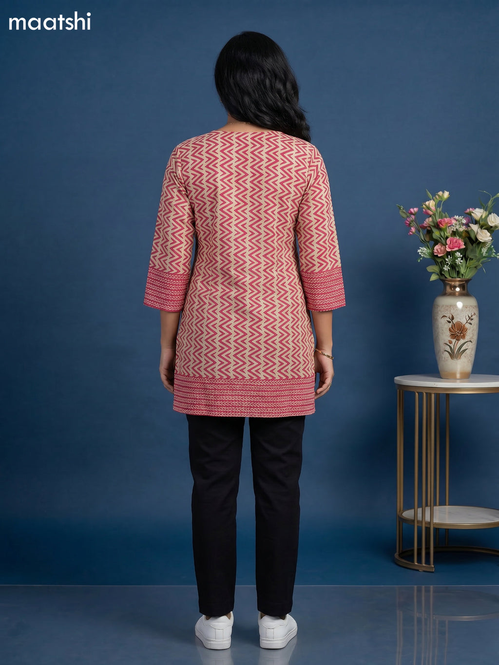 Beige and Pink Cotton Printed Short Kurti