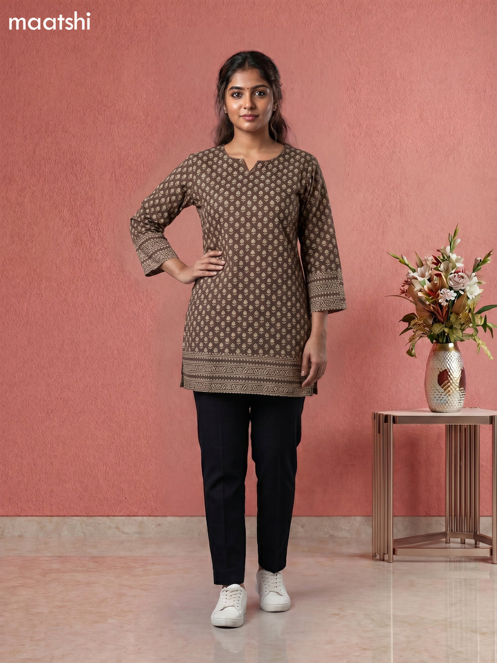 Dark Beige Cotton Printed Short Kurti