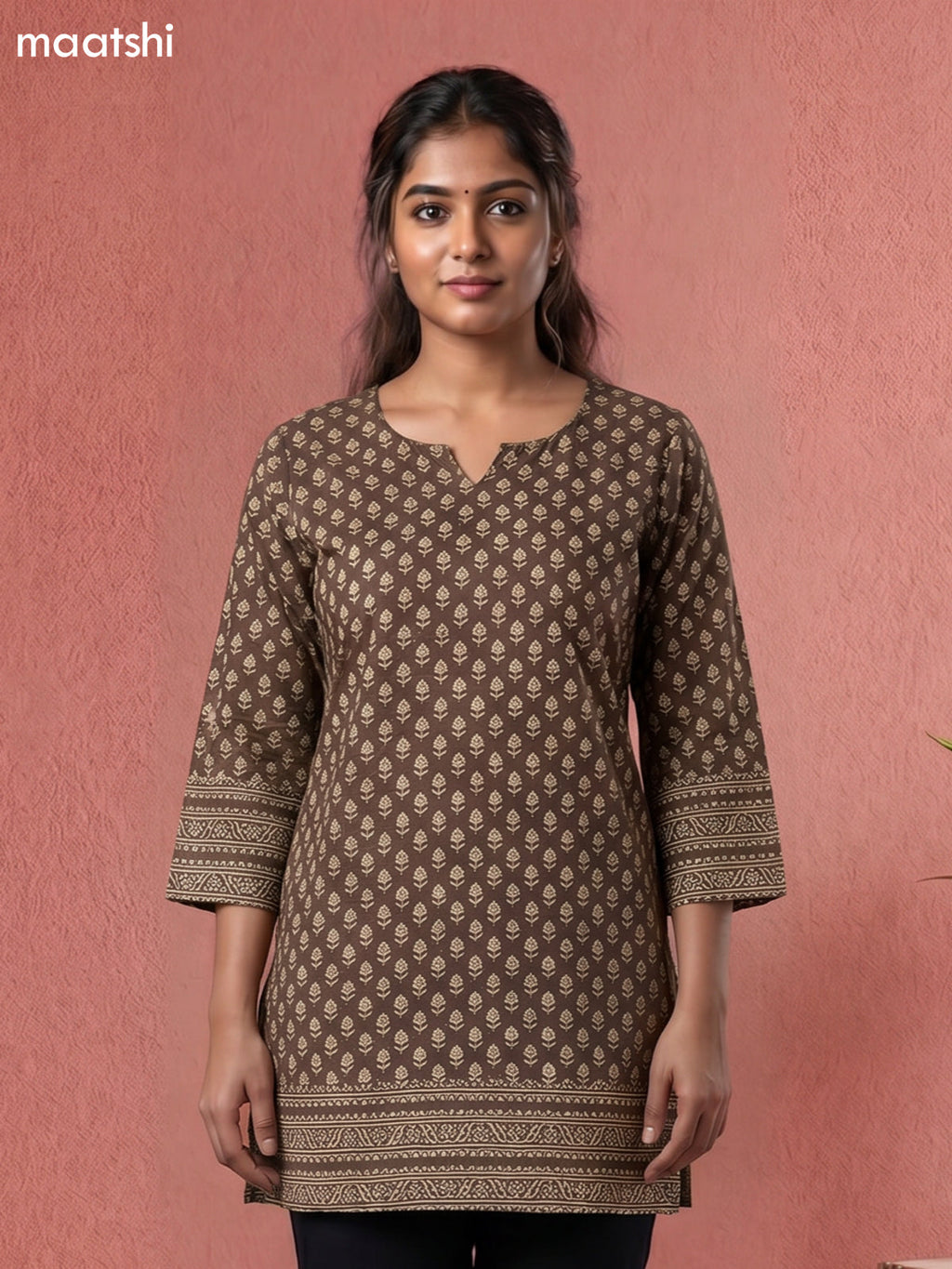 Dark Beige Cotton Printed Short Kurti