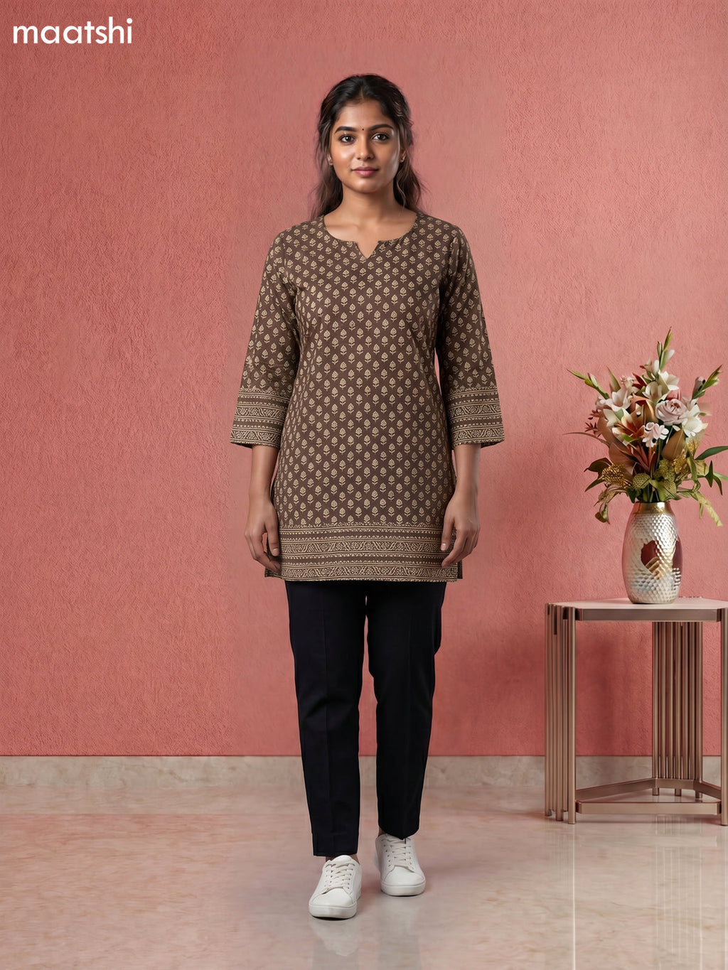 Dark Beige Cotton Printed Short Kurti