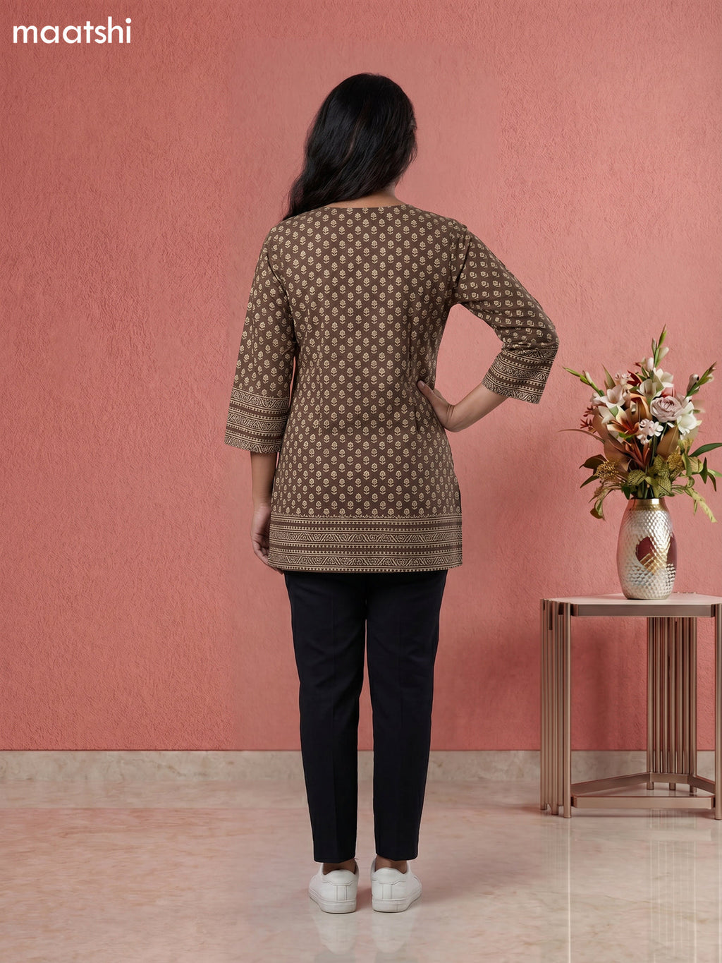 Dark Beige Cotton Printed Short Kurti