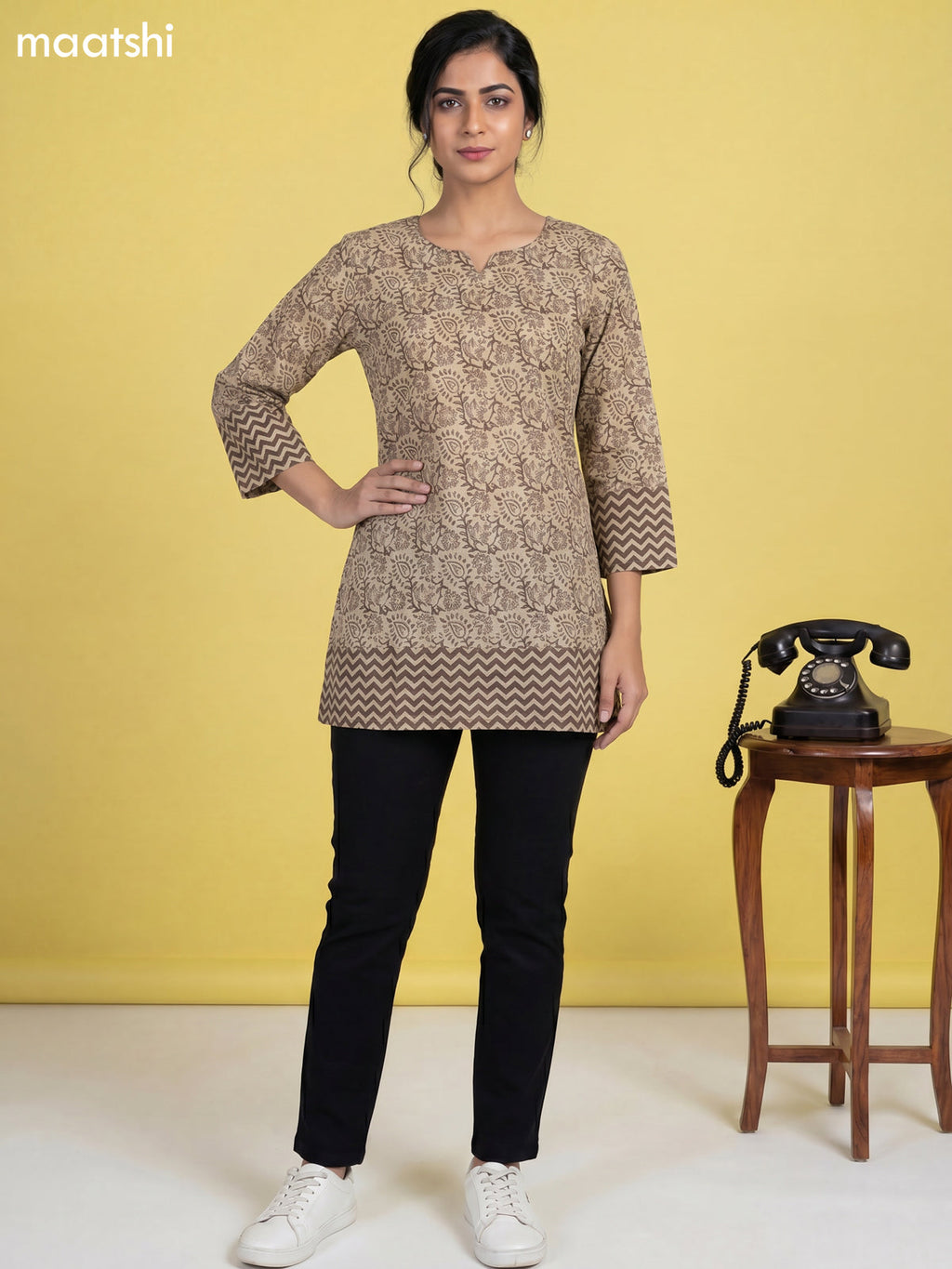Beige and Grey Cotton Printed Short Kurti
