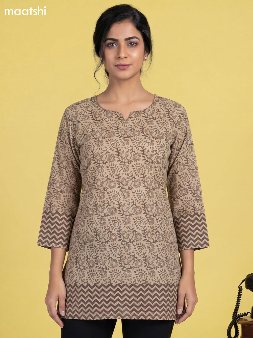 Beige and Grey Cotton Printed Short Kurti