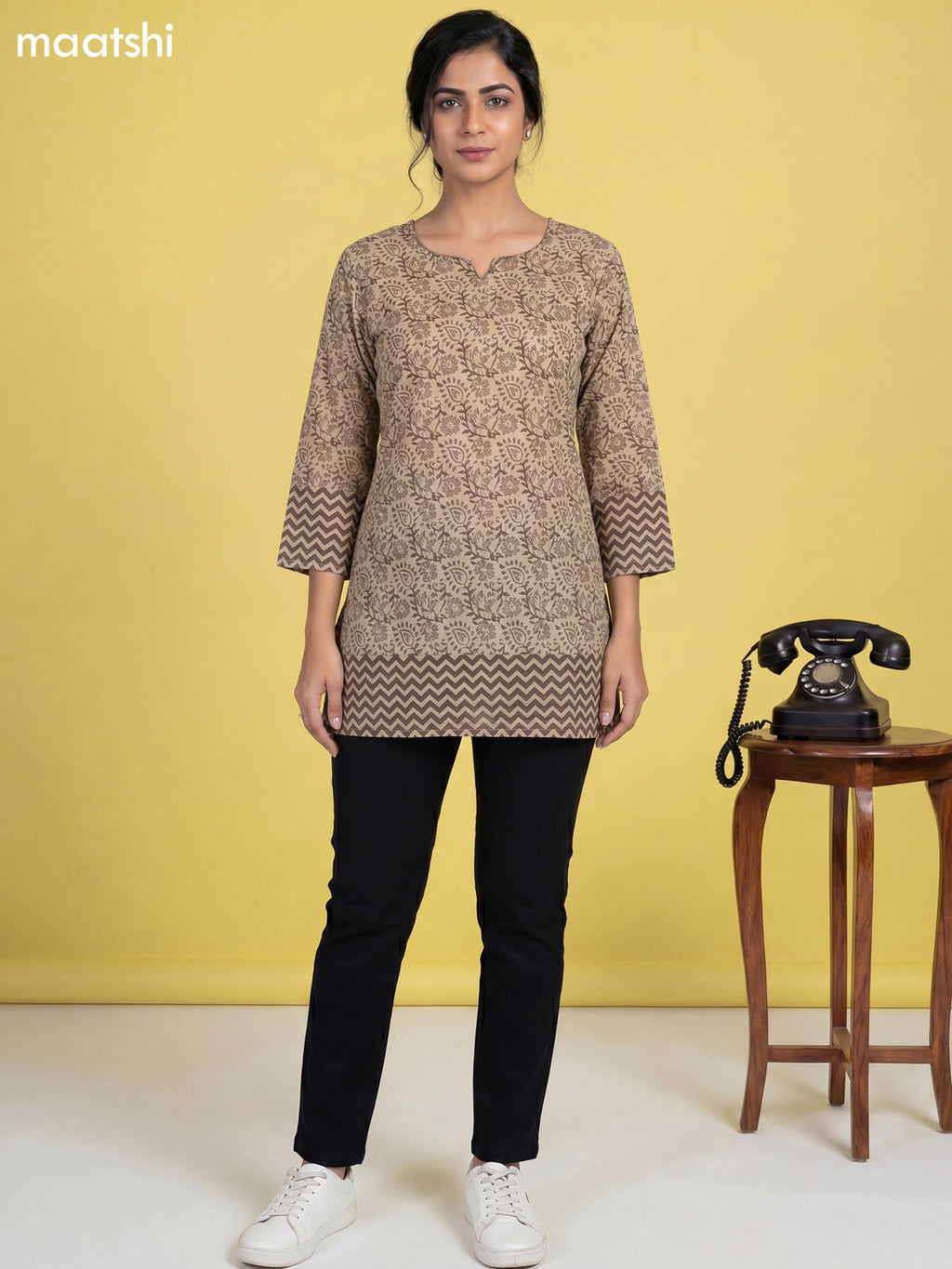 Beige and Grey Cotton Printed Short Kurti