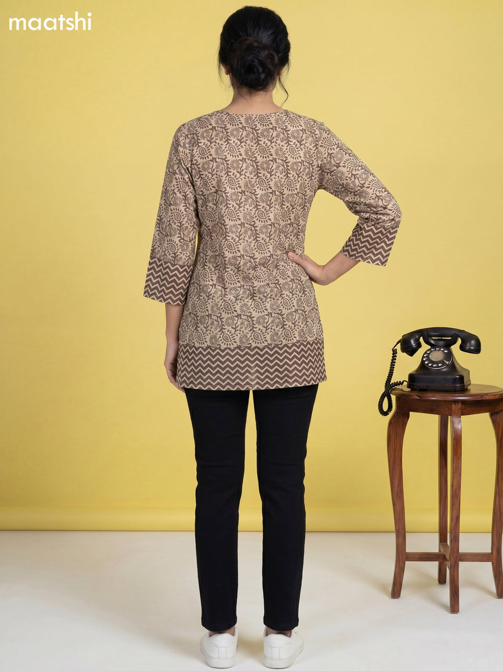 Beige and Grey Cotton Printed Short Kurti