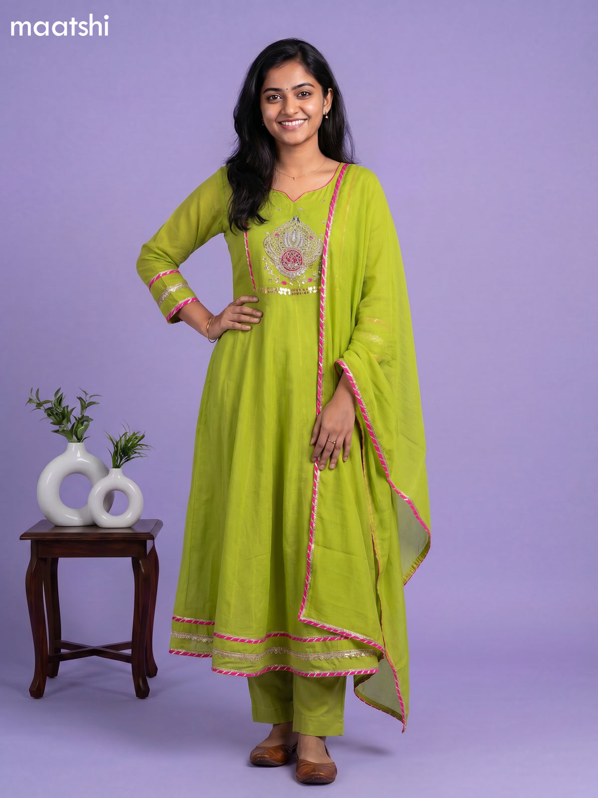 Green Mul Chanderi Embroidery Work Anarkali Suit