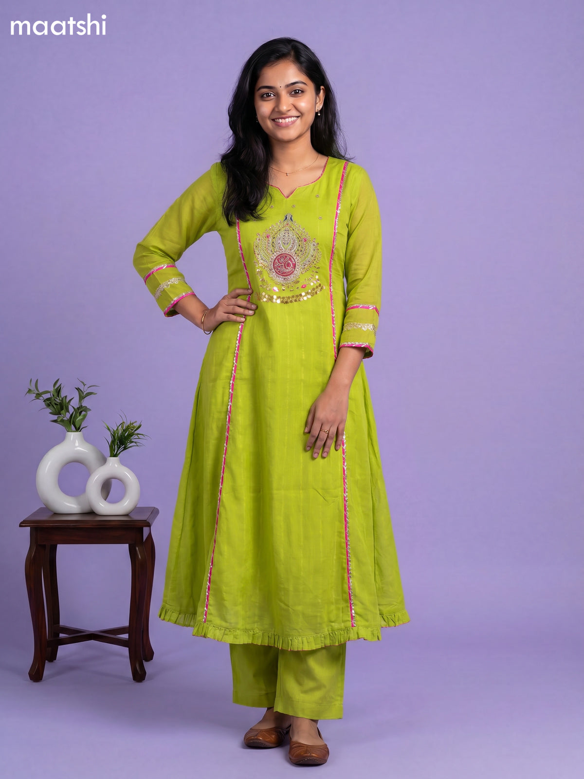 Green Mul Chanderi Embroidery Work Anarkali Suit