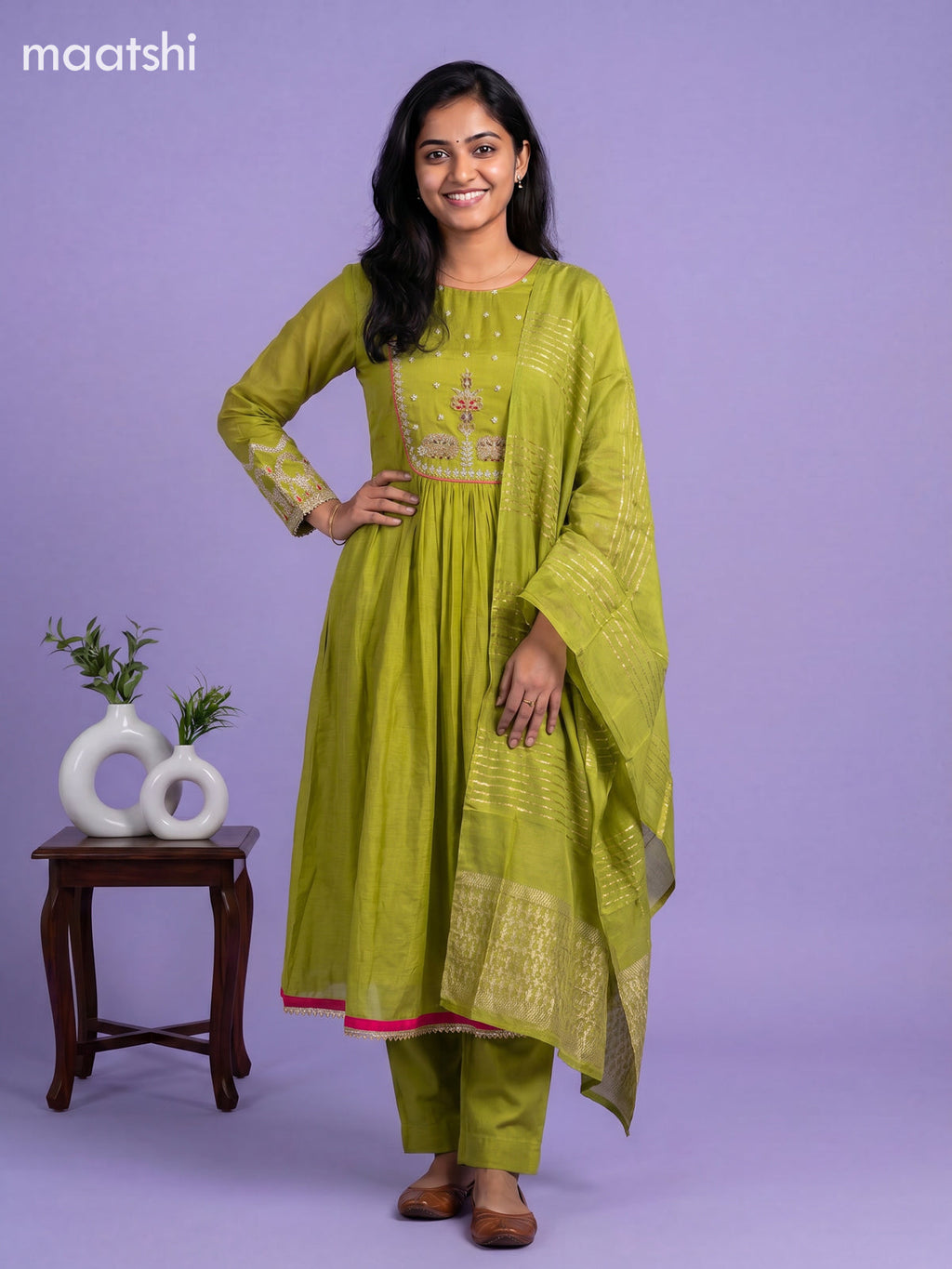 Green Mul Chanderi Embroidery Work Anarkali Suit