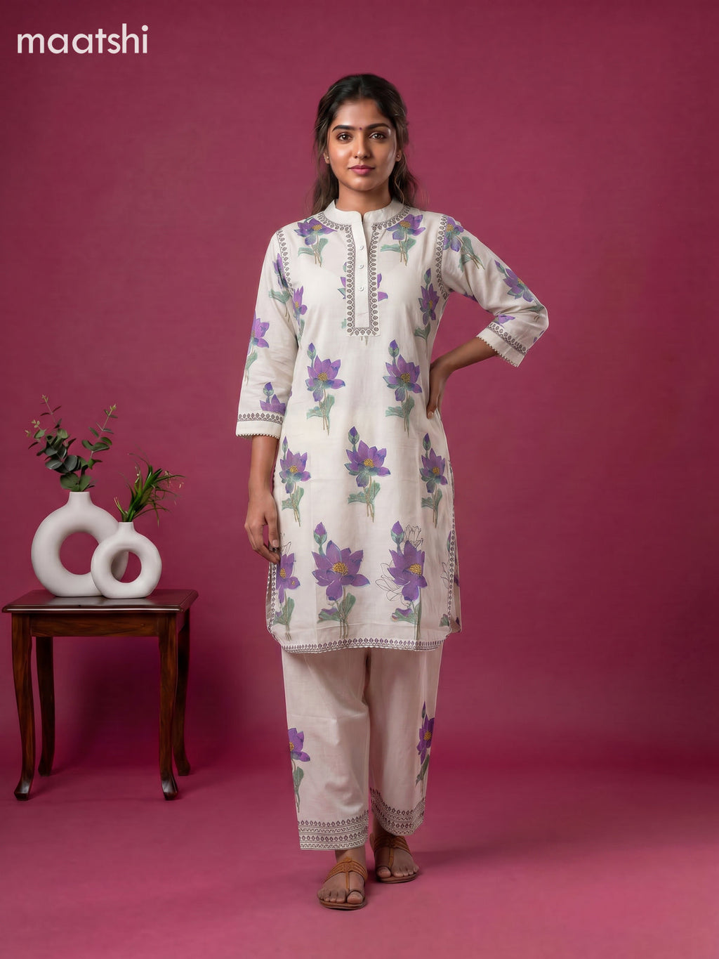Off White and Violet Cotton Floral Printed Kurti Set