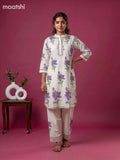 Off White and Violet Cotton Floral Printed Kurti Set