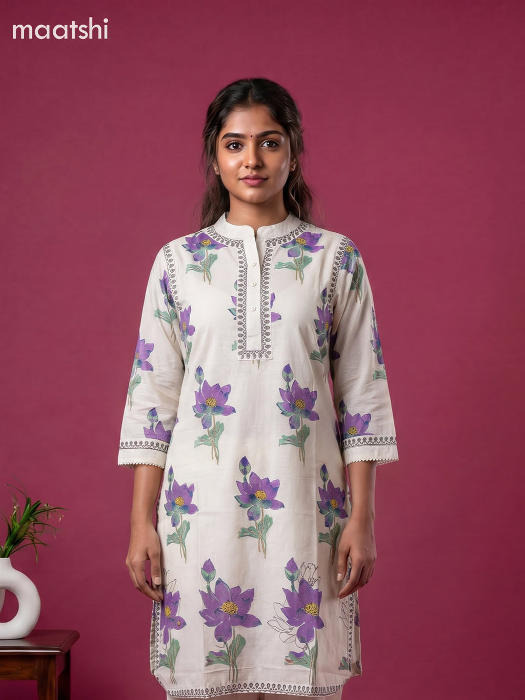 Off White and Violet Cotton Floral Printed Kurti Set