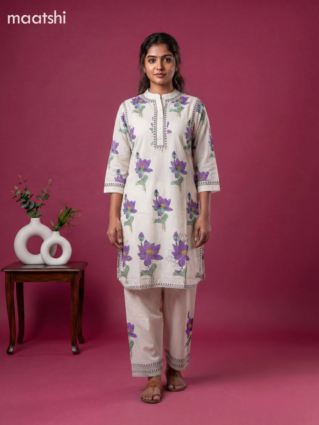 Off White and Violet Cotton Floral Printed Kurti Set