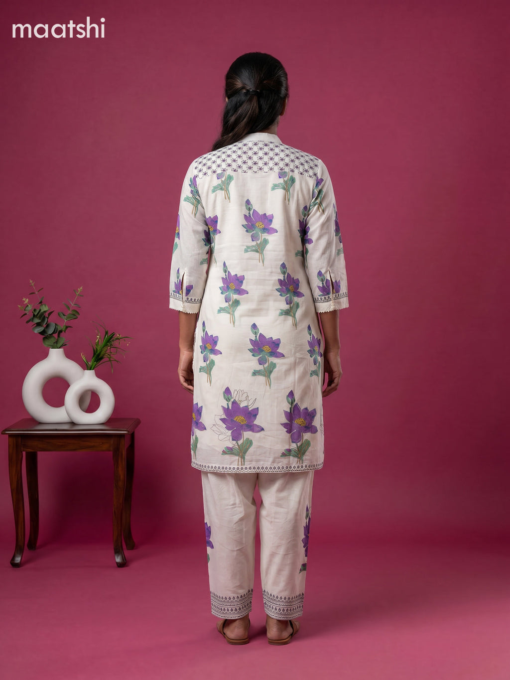 Off White and Violet Cotton Floral Printed Kurti Set