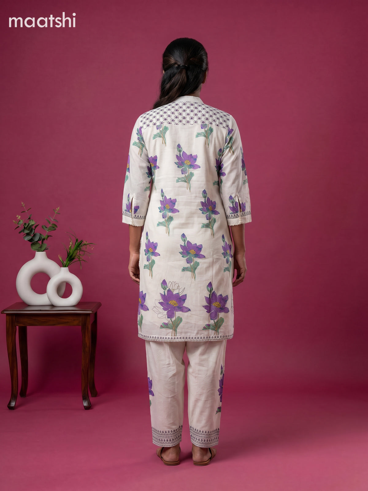 Off White and Violet Cotton Floral Printed Kurti Set