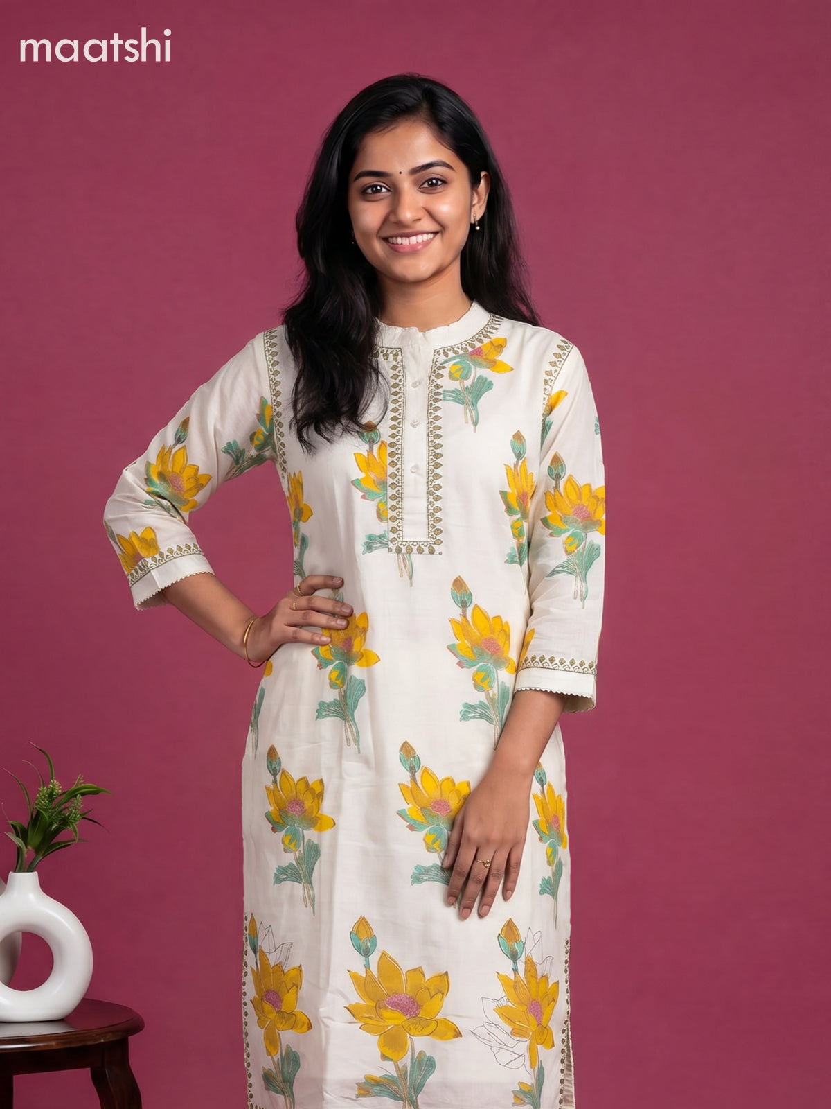 Off White and Yellow Cotton Floral Printed Kurti Set