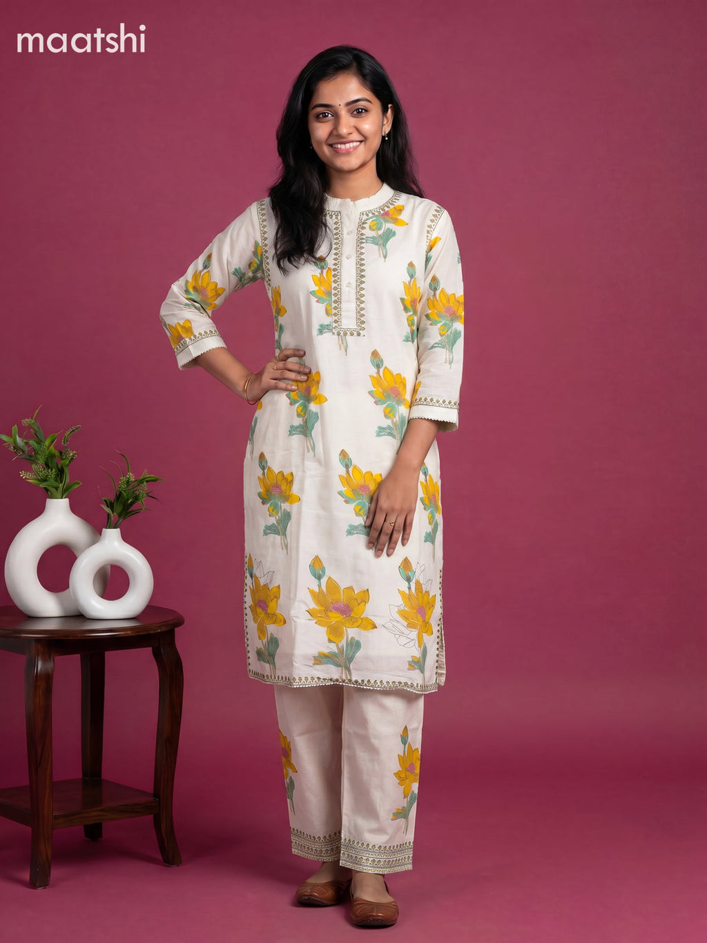 Off White and Yellow Cotton Floral Printed Kurti Set