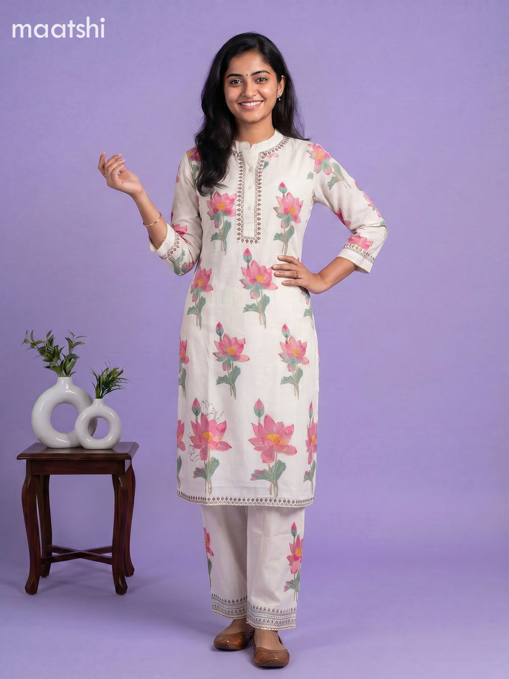 Off White and Pink Cotton Floral Printed Kurti Set