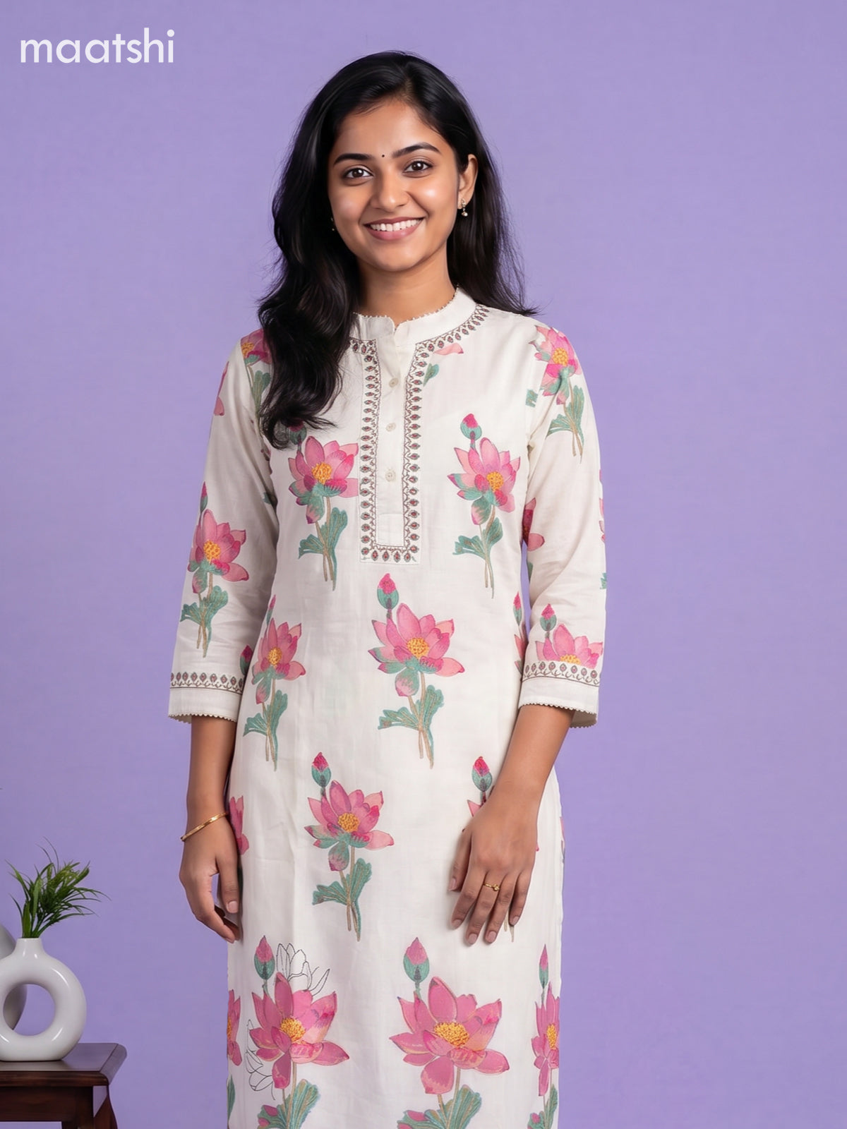 Off White and Pink Cotton Floral Printed Kurti Set