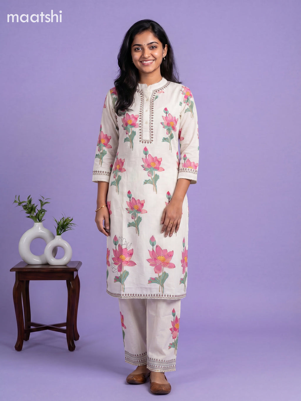 Off White and Pink Cotton Floral Printed Kurti Set
