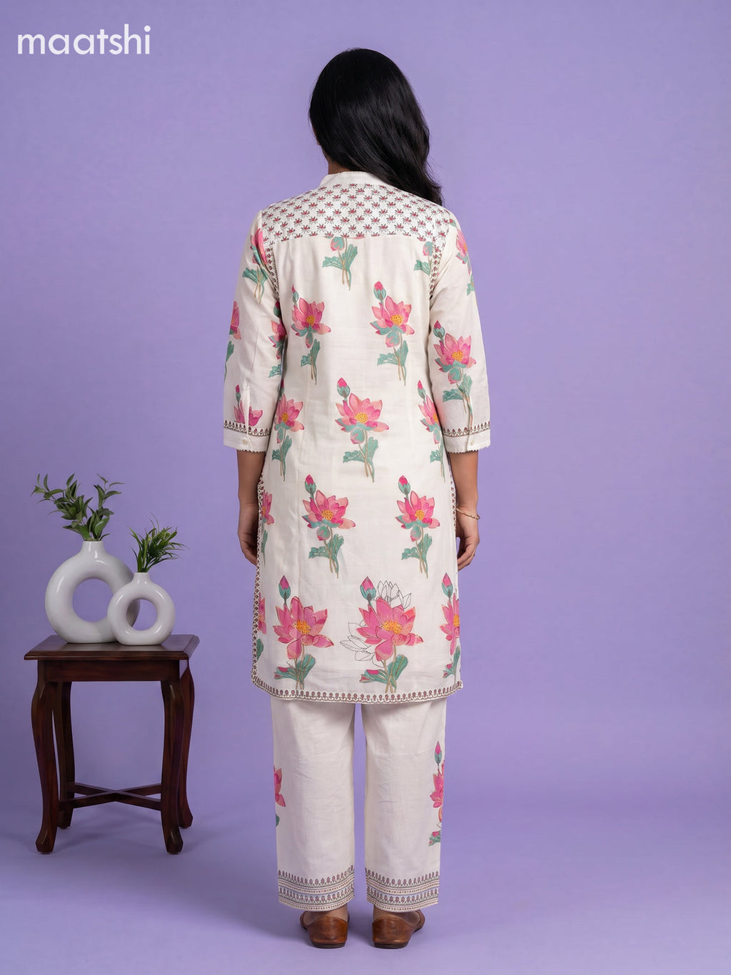 Off White and Pink Cotton Floral Printed Kurti Set