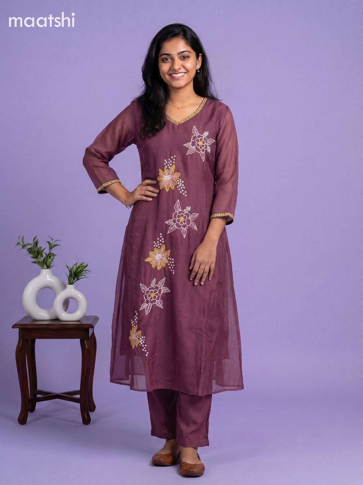 Onion Pink Mul Chanderi Embroidery Work A-Line Suit