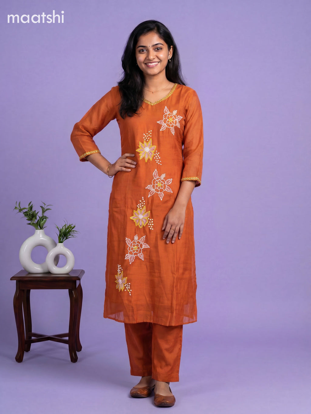 Rust Orange Mul Chanderi Embroidery Work A-Line Suit