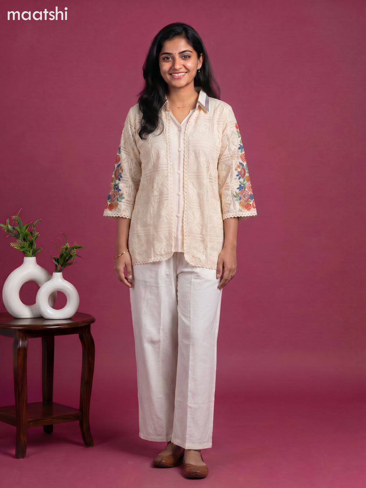 Off White Rayon Embroidery Work Short Co-Ord Set