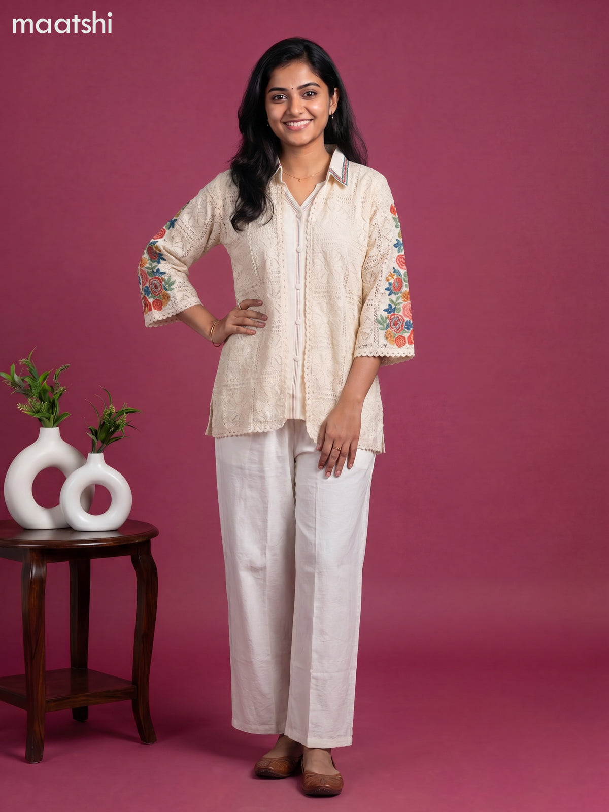Off White Rayon Embroidery Work Short Co-Ord Set