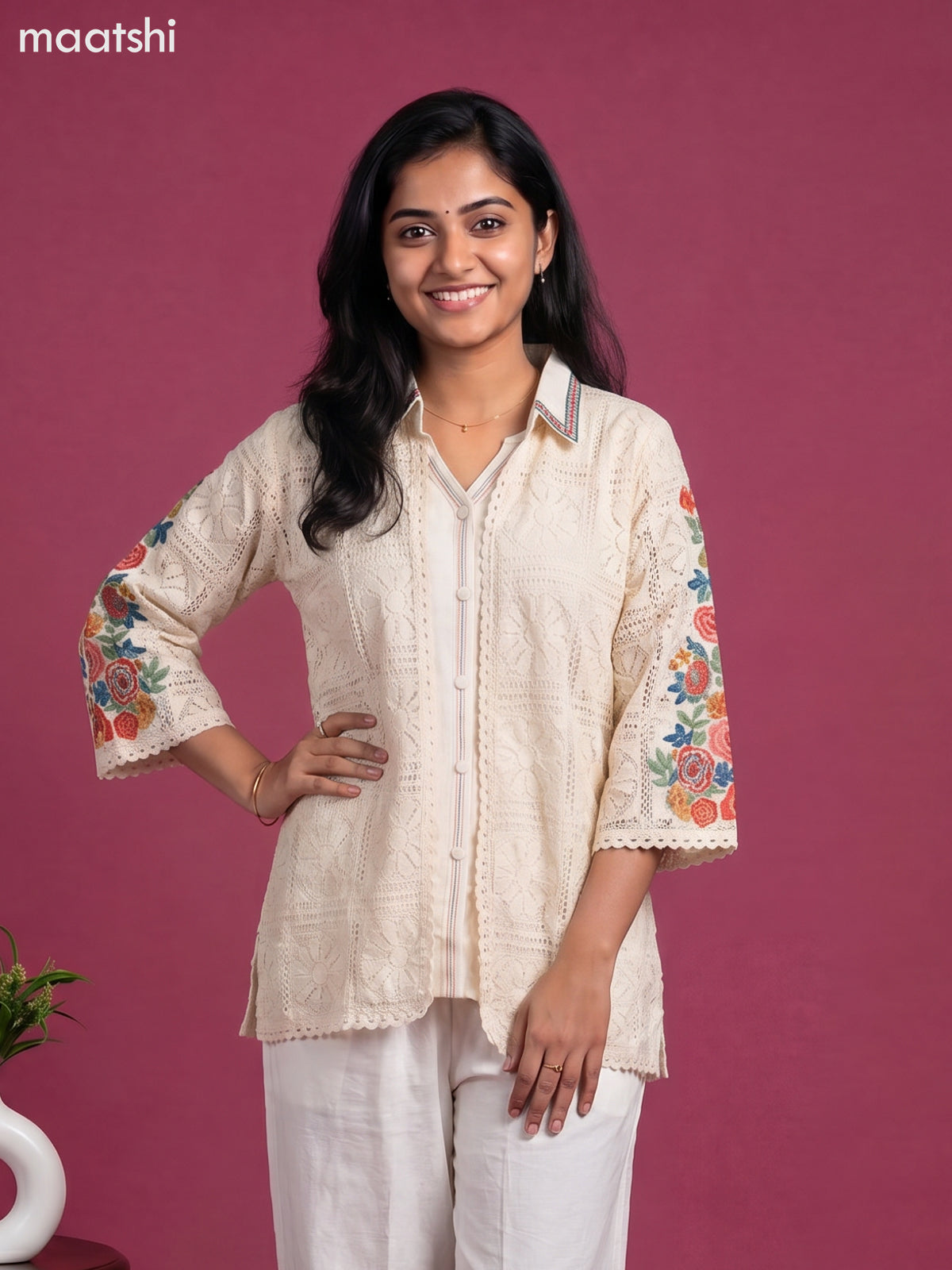 Off White Rayon Embroidery Work Short Co-Ord Set