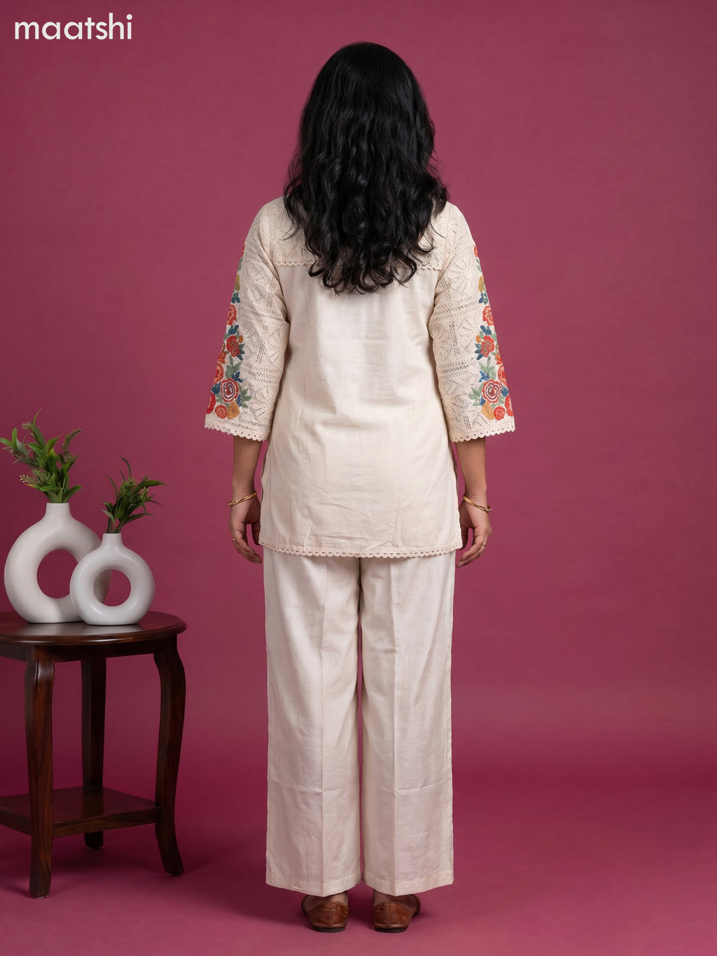Off White Rayon Embroidery Work Short Co-Ord Set